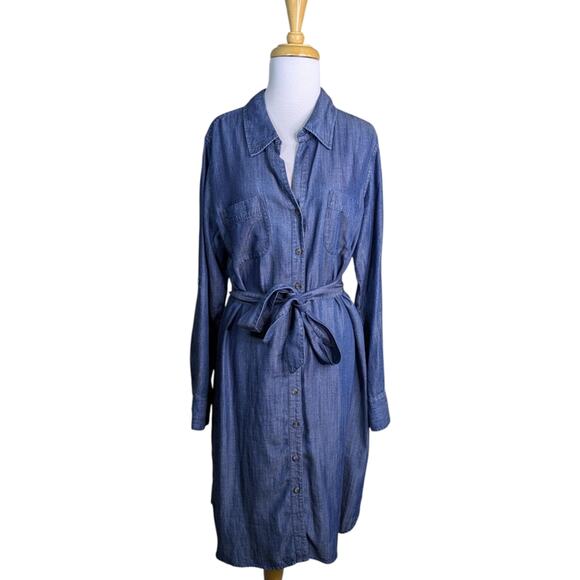 Soft Surroundings Chambray Midi Shirt Dress Medium Blue Belted Roll Tab Tencel - Picture 11 of 11